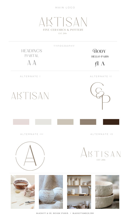 Artisan Brand Logo featuring typography options, monogram variations, colour palette, and lifestyle photos of ceramic products.