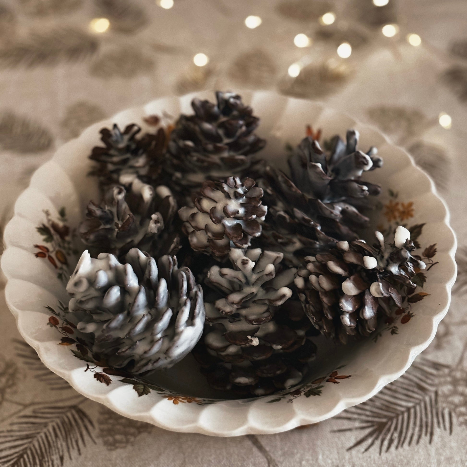 Decorative plate with soy dipped pine cones on a pinecone patterned tablecloth