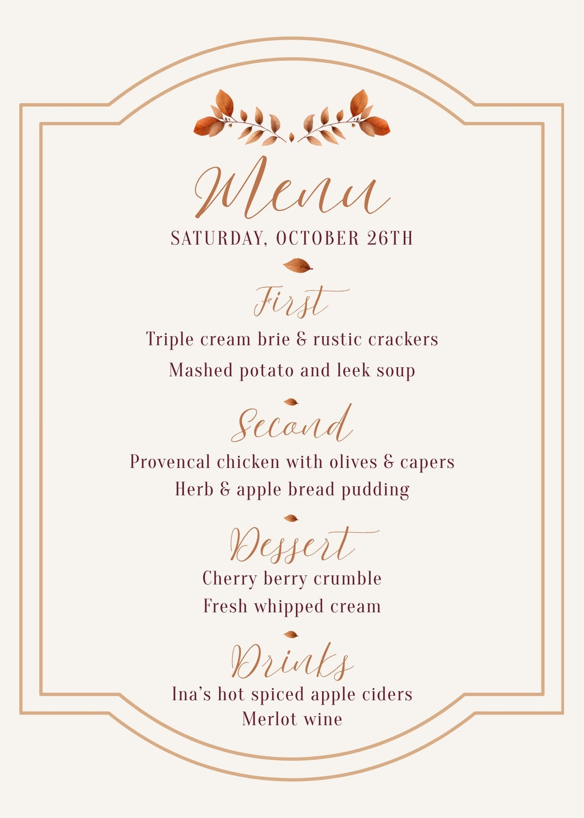 A vertical wedding menu card design with elegant typography and a decorative botanical border in a soft cream background with muted orange-brown accents.