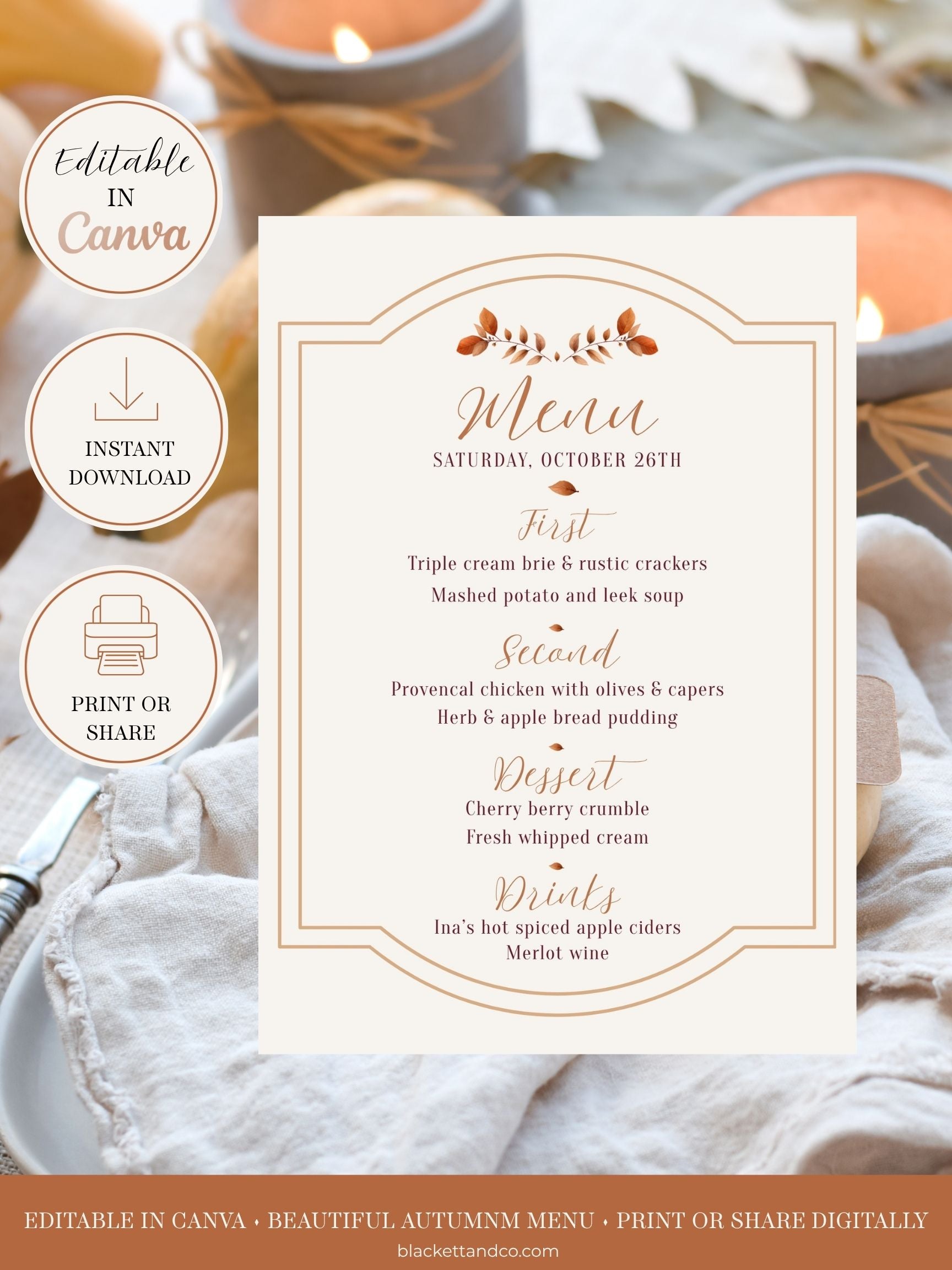 An editable autumn-themed digital menu template displayed on a cream card over a blurred cozy dining background. The card features elegant cursive text, decorative leaf accents, and a gold border.