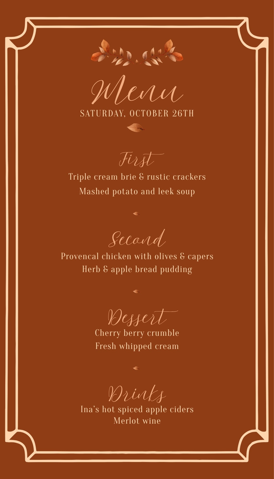 A rectangular brown menu card with a thin gold border and decorative floral accents at the top. The card reads 'Menu' and lists Saturday, October 26th, with dinner courses and drinks in a serif and script font.