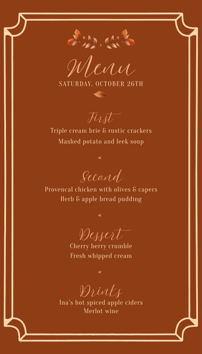 A rectangular brown menu card with a thin gold border and decorative floral accents at the top. The card reads 'Menu' and lists Saturday, October 26th, with dinner courses and drinks in a serif and script font.