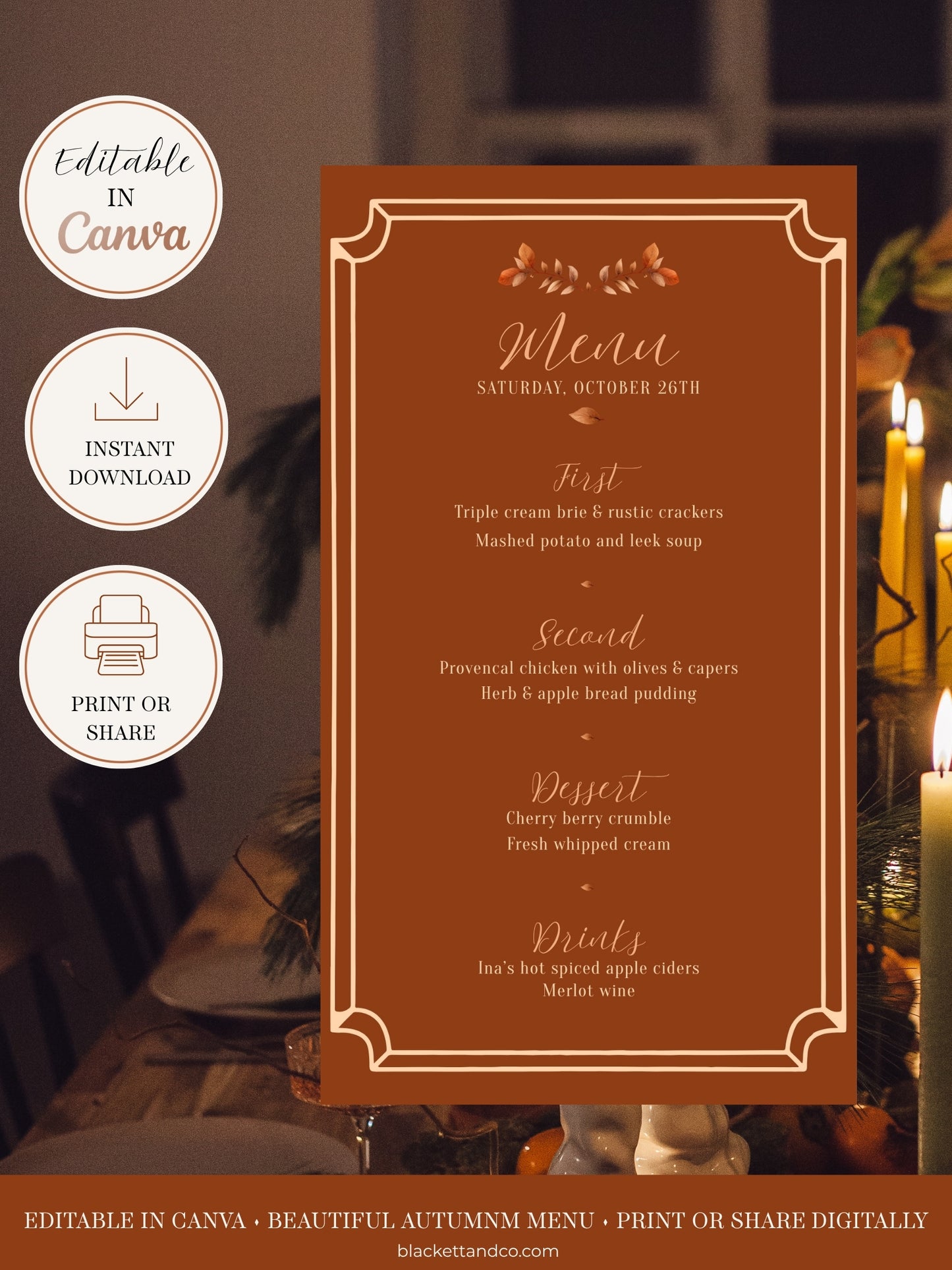 A digital autumn-themed menu card template shown on a styled dinner table background. The card is terracotta brown with elegant gold typography and decorative borders.