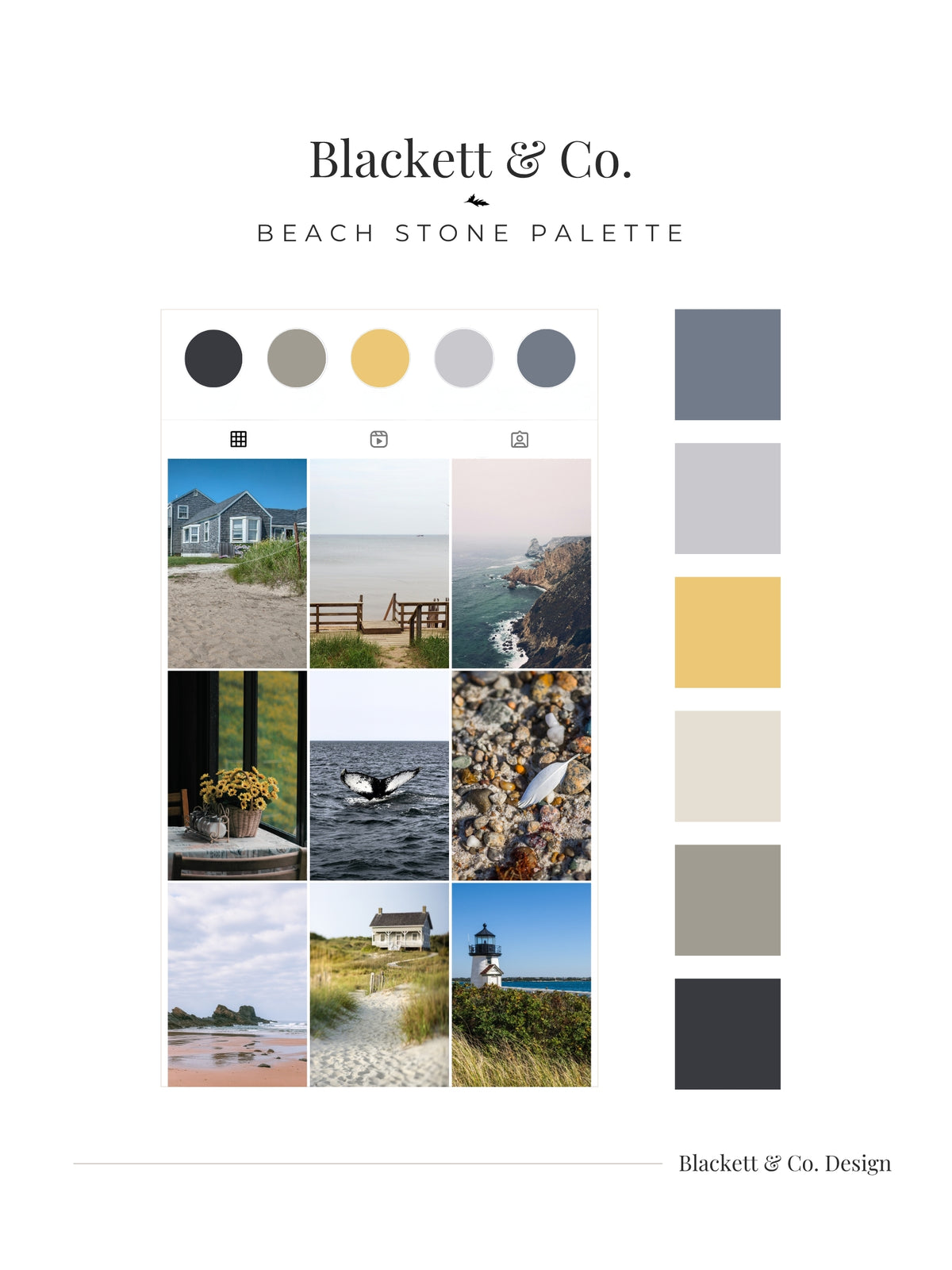 A branded palette board featuringBlackett & Co. Beach Stone Palette showing a row of circular colour chips, a grid of warm east coast beach photos, and a vertical swatch column in slate blue, light grey, mustard yellow, cream, taupe, and charcoal.