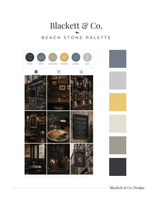 A branded palette board featuringBlackett & Co. Beach Stone Palette showing a row of circular colour chips, a grid of warm dark-toned interior photos, and a vertical swatch column in slate blue, light grey, mustard yellow, cream, taupe, and charcoal.