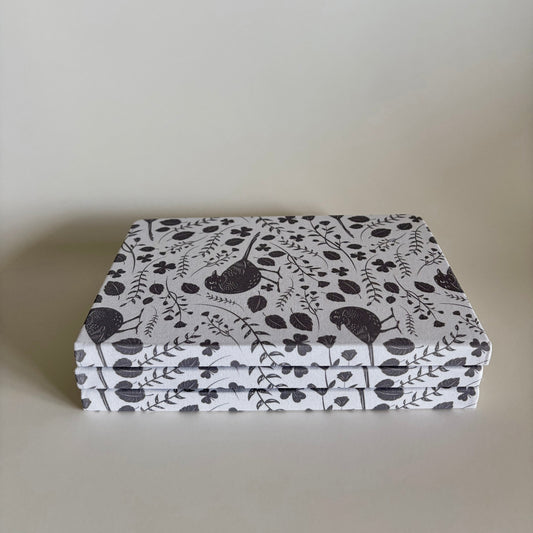 Stack of blackbird notebooks made from  100% recycled, tree-free materials including repurposed fabric, paper waste, soft cotton, and bamboo scraps.