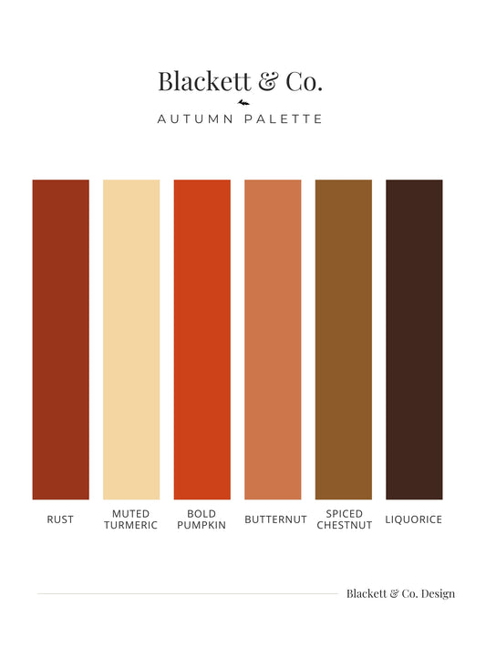 Blackett & Co. Autumn Colour Palette featuring six colour swatches labeled Rust, Muted Turmeric, Bold Pumpkin, Butternut, Spiced Chestnut, and Liquorice on a white background.