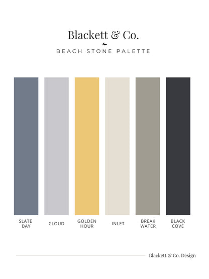 A Blackett & Co. Beach Stone colour palette palette  showing six vertical colour swatches labeled Slate Bay, Cloud, Golden Hour, Inlet, Break Water, and Black Cove