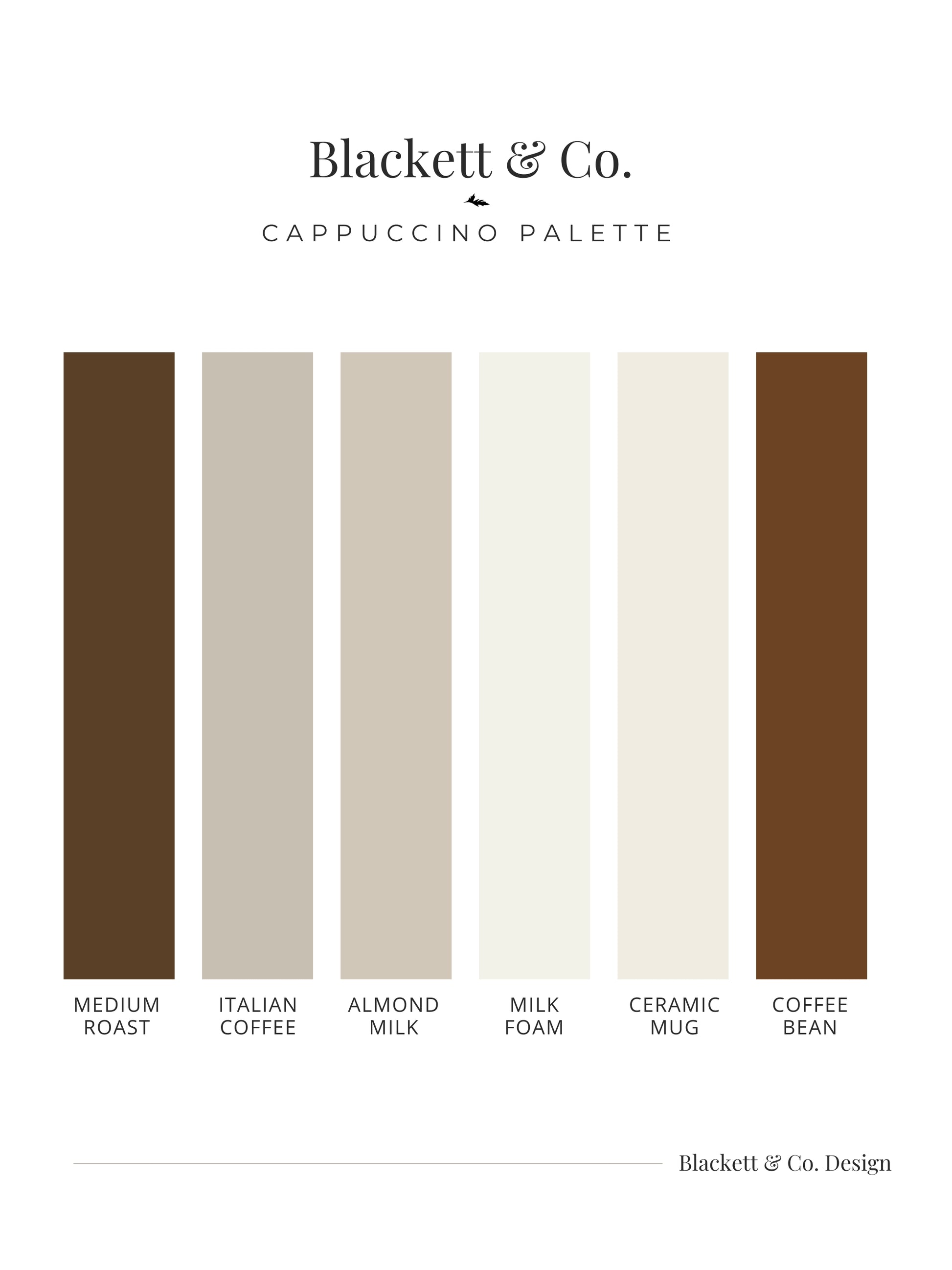 Cappuccino colour palette by Blackett & Co., showing six vertical colours swatches labeled Medium Roast, Italian Coffee, Almond Milk, Milk Foam, Ceramic Mug, and Coffee Bean.