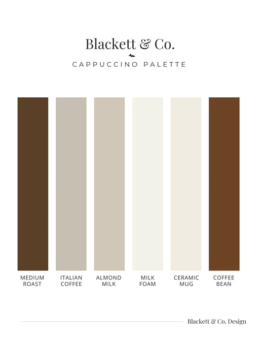 Cappuccino colour palette by Blackett & Co., showing six vertical colours swatches labeled Medium Roast, Italian Coffee, Almond Milk, Milk Foam, Ceramic Mug, and Coffee Bean.