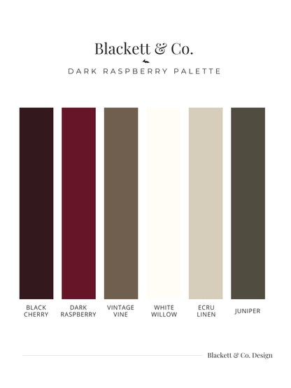 Blackett & Co. Dark Raspberry colour palette with six colours Black Cherry, Dark Raspberry, Vintage Vine, White Willow, Ecru Linen, and Juniper
