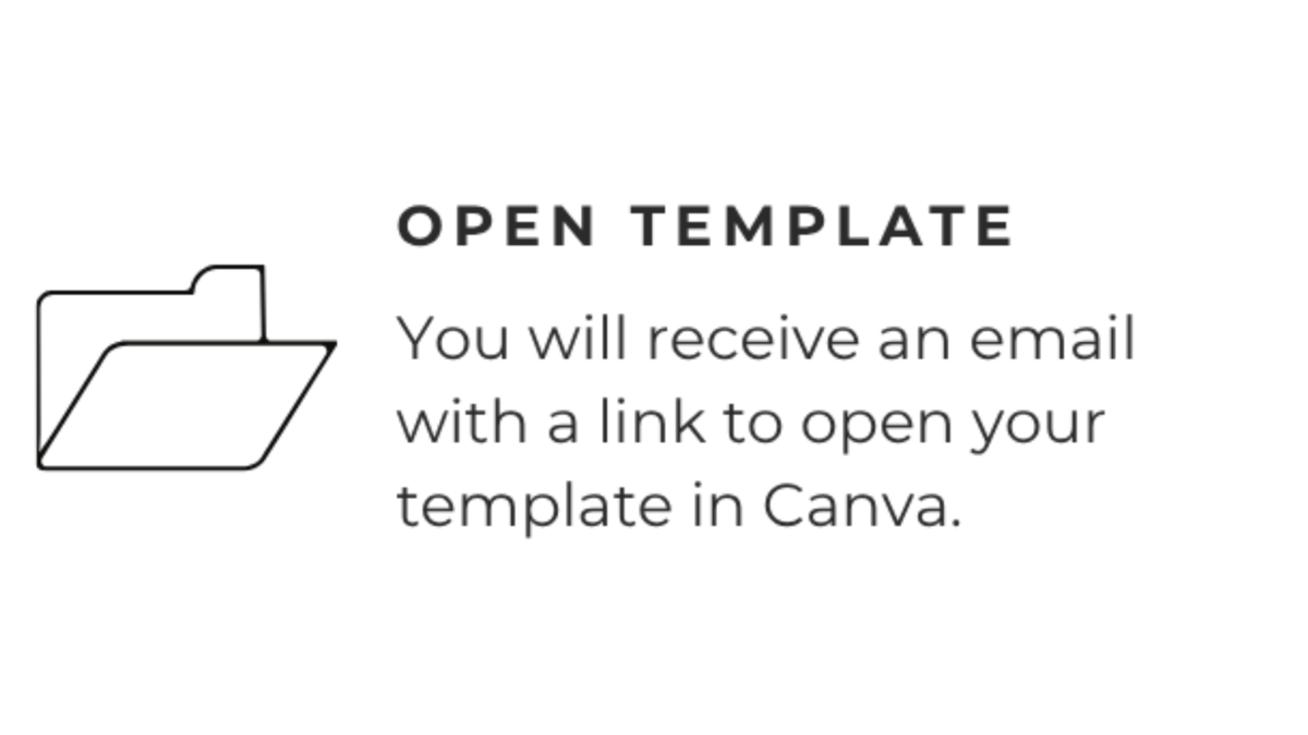 A simple graphic with a thin folder icon and the text 'OPEN TEMPLATE' followed by the message 'You will receive an email with a link to open your template in Canva.' on a white background.