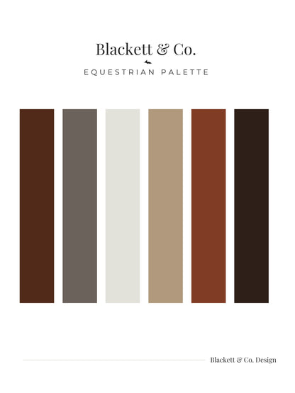 Equestrian Palette colour palette by Blackett & Co. with six vertical colours labeled Rustic Brown, Tack Shop, Silver Show, Horse Shoe, Rich Cedar, and Coal Saddle.