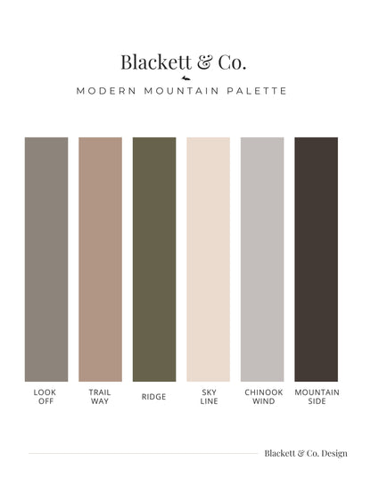 Blackett & Co.'s Modern Mountain colour palette with colour swatches labeled Look Off, Trail Way, Ridge, Sky Line, Chinook Wind, and Mountain Side