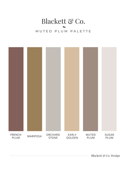 Blackett & Co. Muted Plum colour palette' showing six vertical colour swatches labeled French Plum, Mariposa, Orchard Stone, Early Golden, Muted Plum, and Sugar Plum