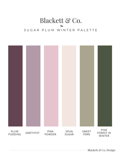 Blackett & Co. Sugar Plum Winter colour palette with six vertical colour blocks labeled Plum Pudding, Amethyst, Pink Powder, Spun Sugar, Sweet Fern, and Pine Forest in Winter