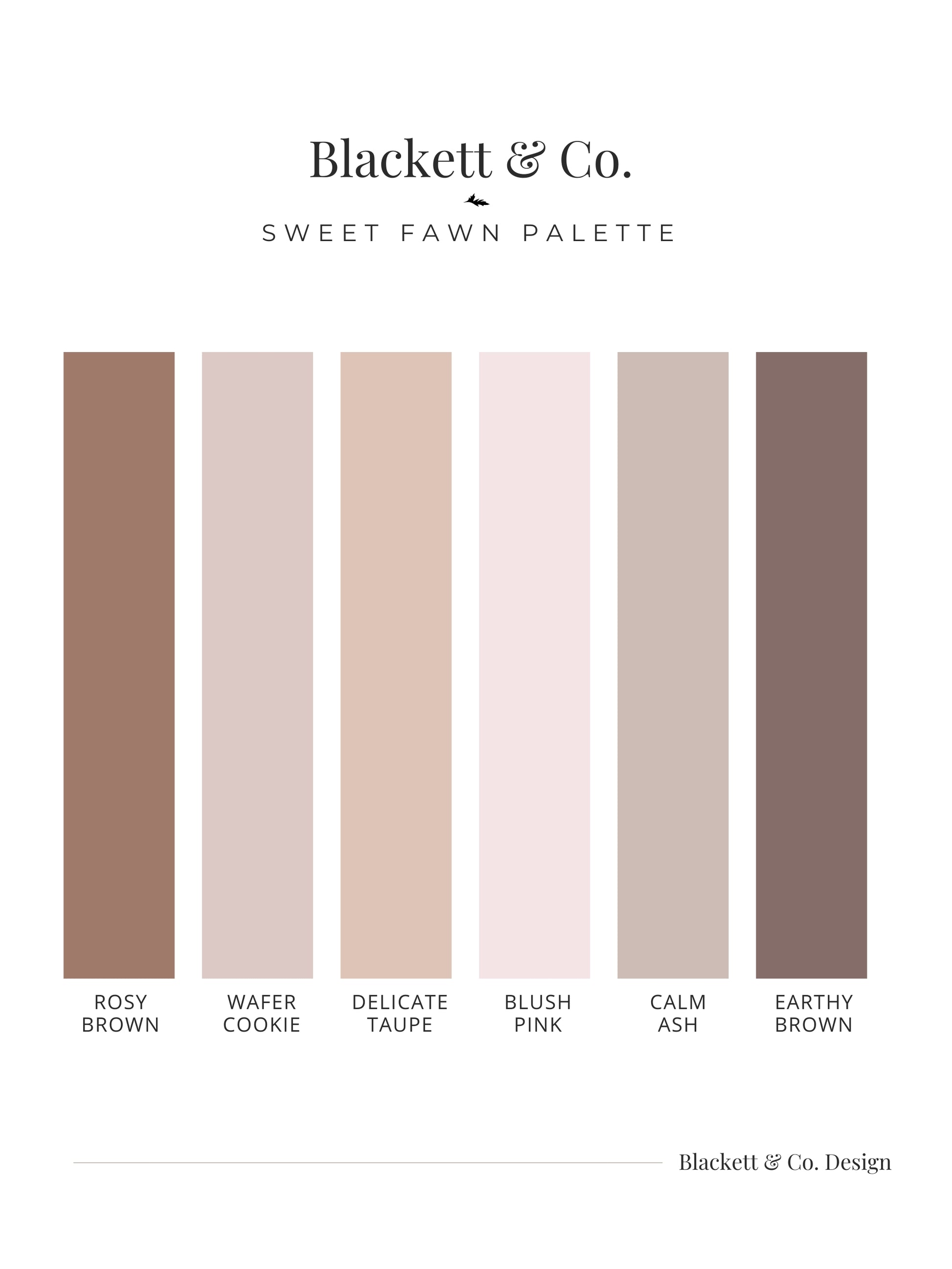 Sweet Fawn colour palette by Blackett & Co. with six vertical colour blocks in muted warm neutrals: Rosy Brown, Wafer Cookie, Delicate Taupe, Blush Pink, Calm Ash, and Earthy Brown.