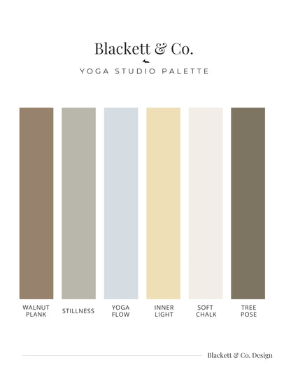 Blackett & Co. Yoga Studio colour palette with six vertical colour blocks labeled Walnut Plank, Stillness, Yoga Flow, Inner Light, Soft Chalk, and Tree Pose.