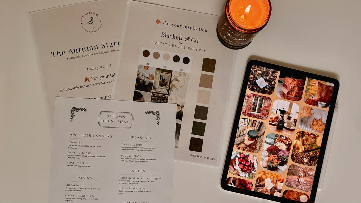 Autumn Starter Kit by Blackett & Co. featuring the Autumn Starter kit's cozy autumn-themed collage on an iPad, with print outs of the autumn house menu template, and rustic leaves colour palette.
