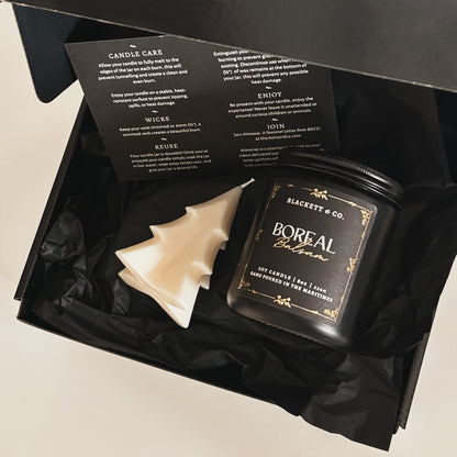 Boreal Balsam scented natural soy candle by Blackett & Co. and a soy fir tree shaped candle.