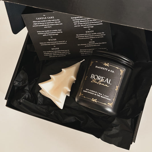 Boreal Balsam scented natural soy candle by Blackett & Co. and a soy fir tree shaped candle.