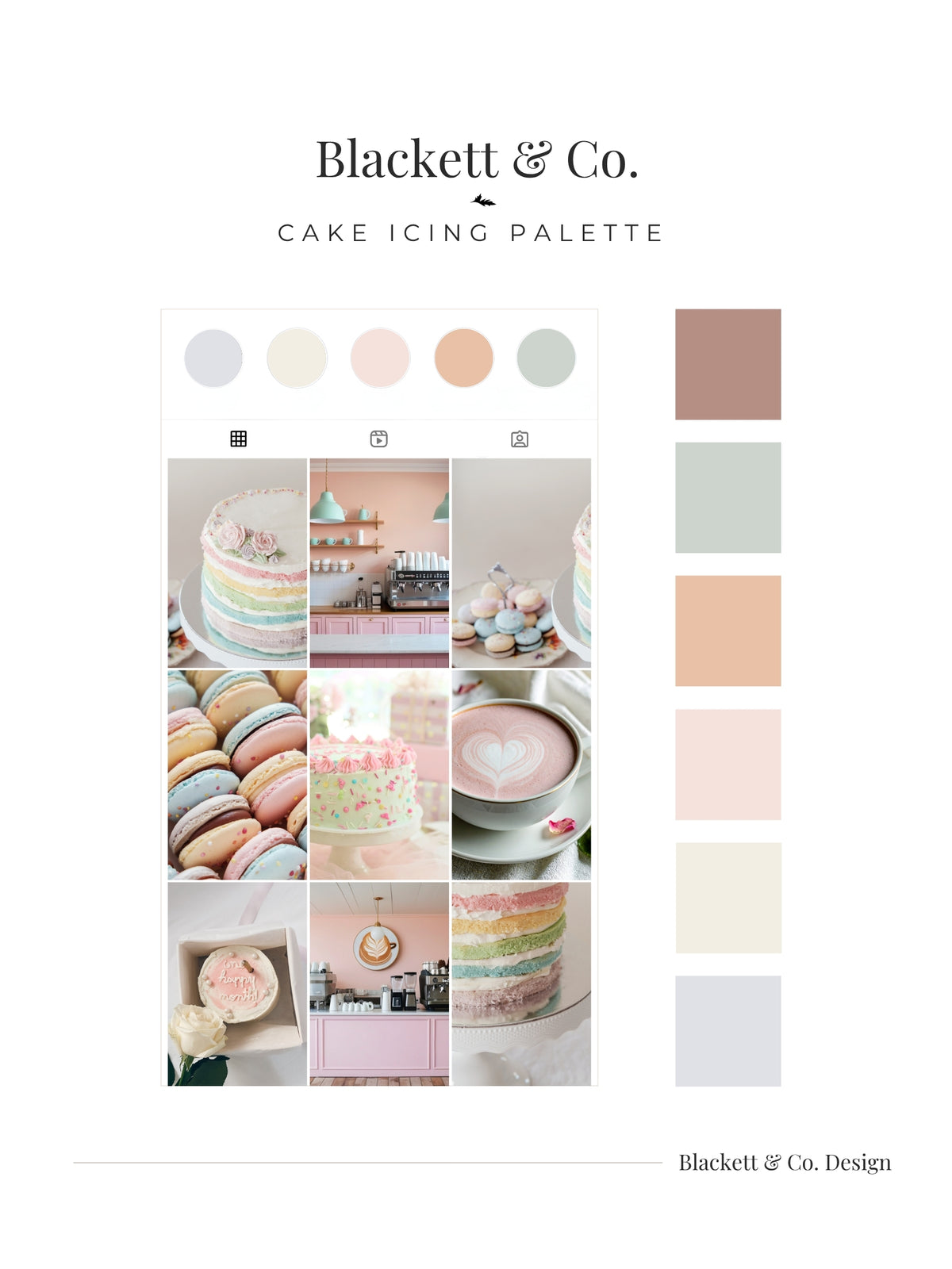 Blackett & Co.'s Cake Icing Palette featuring a grid of warm-toned cake and pastry photos and a vertical column of eight square colour swatches in dusty rose, sage green, peach, blush, cream, and pale grey