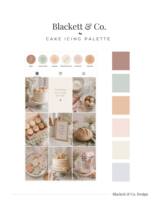Blackett & Co.'s Cake Icing Palette featuring a grid of warm-toned cake and pastry photos and a vertical column of eight square colour swatches in dusty rose, sage green, peach, blush, cream, and pale grey