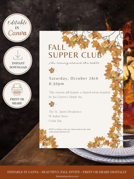 Fall Supper Club Invitation Template - Leaf Border