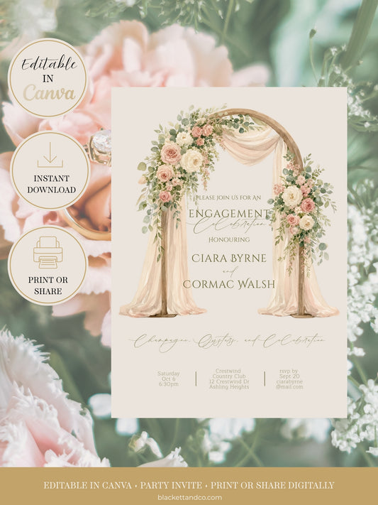Elegant Engagement Party Invitation Template - Pink Floral Arbour