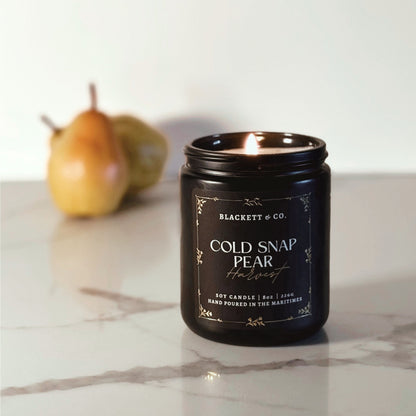 Cold Snap Pear Harvest scented natural soy candle handmade Blackett & Co. on a marble surface.