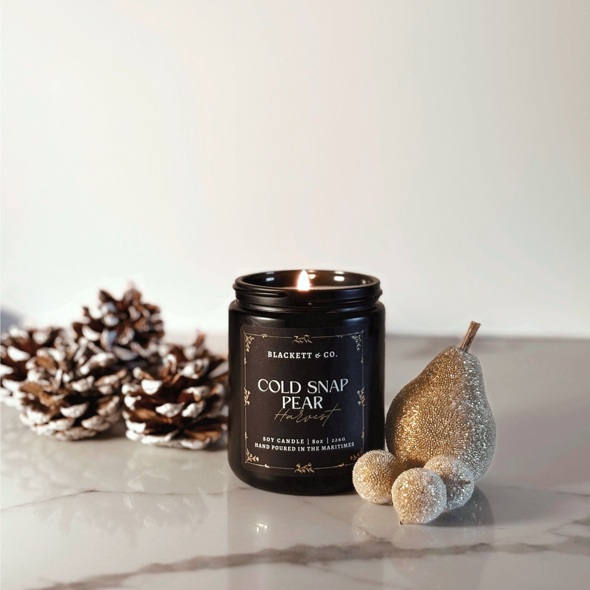 Cold Snap Pear Harvest scented natural soy candle handmade by Blackett & Co.