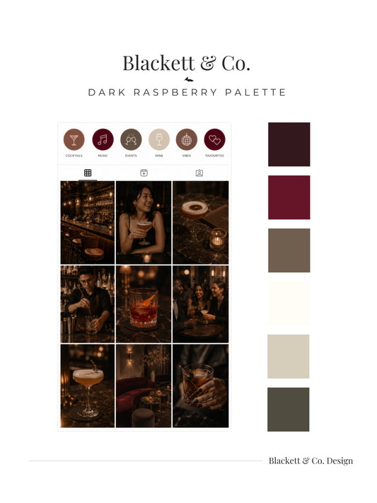 Color palette featuring Blacklett & Co.'s Dark Raspberry Palette featuring a grid of warm, moody bar and cocktail-themed photographs alongside a vertical column of colour swatches in dark raspberry, burgundy, taupe, cream, and charcoal grey.