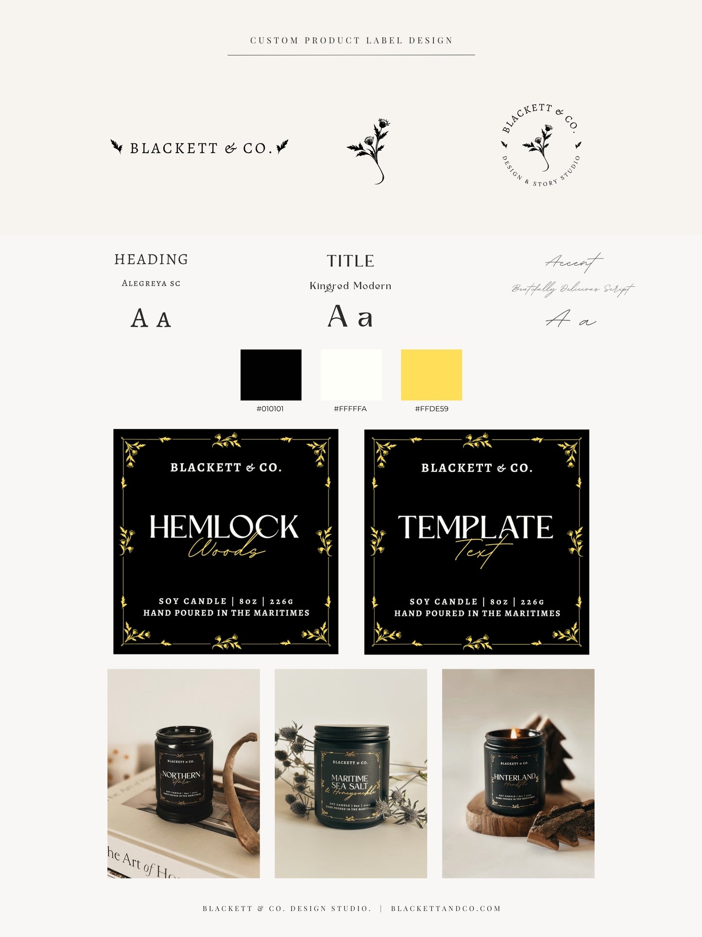 Product label design template with branding elements and product images.