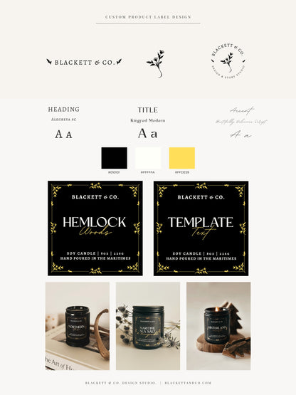 Product label design template with branding elements and product images.