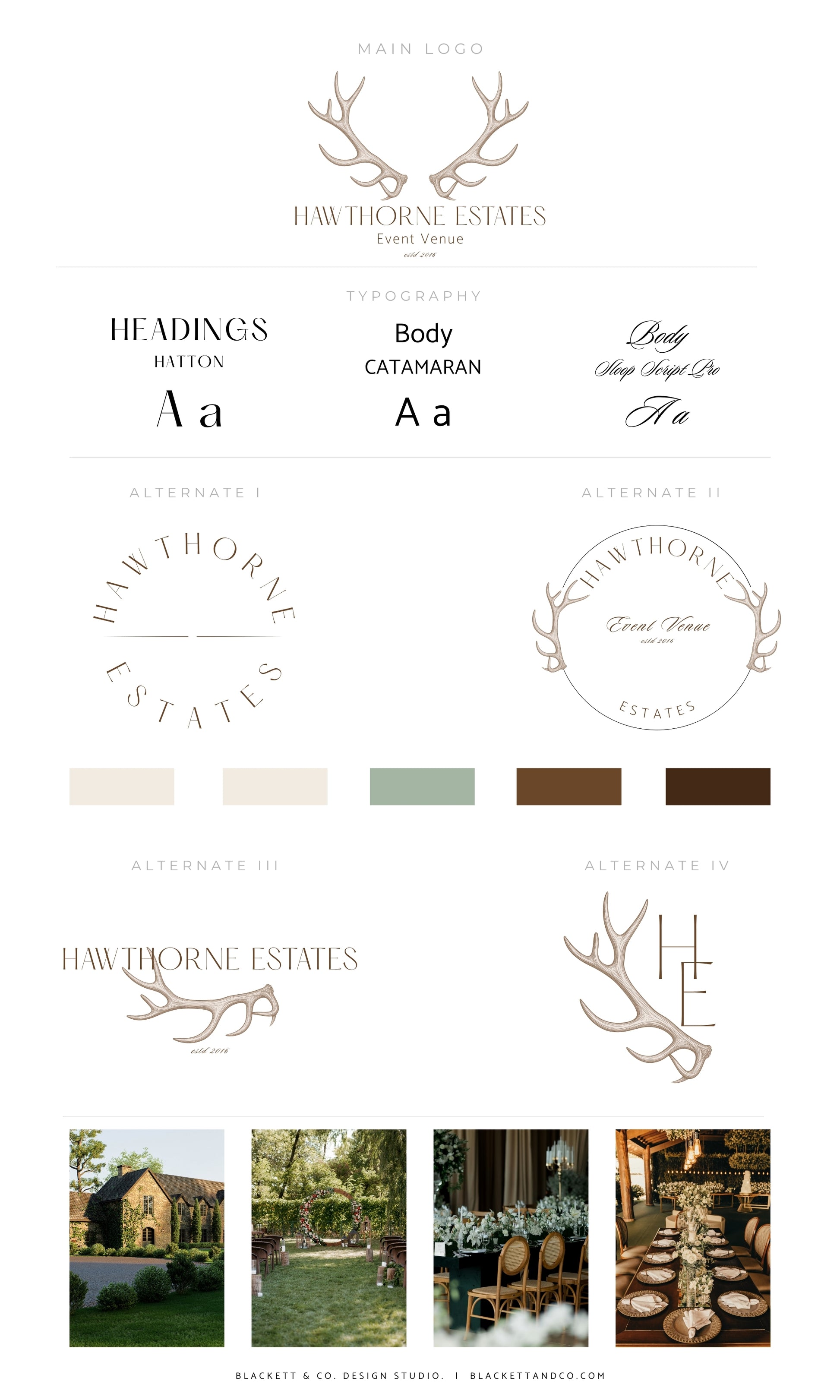 Estates Brand Logos featuring logo variations with antler motifs, typography styles, colour swatches and lifestyle photos showing a vineyard, dining room, and event table settings.