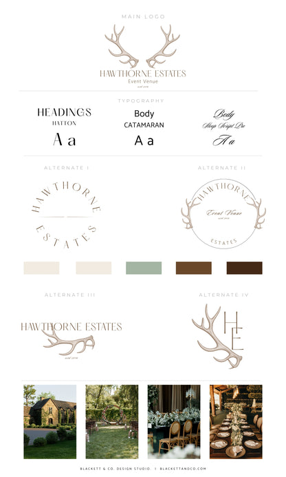 Estates Brand Logos featuring logo variations with antler motifs, typography styles, colour swatches and lifestyle photos showing a vineyard, dining room, and event table settings.