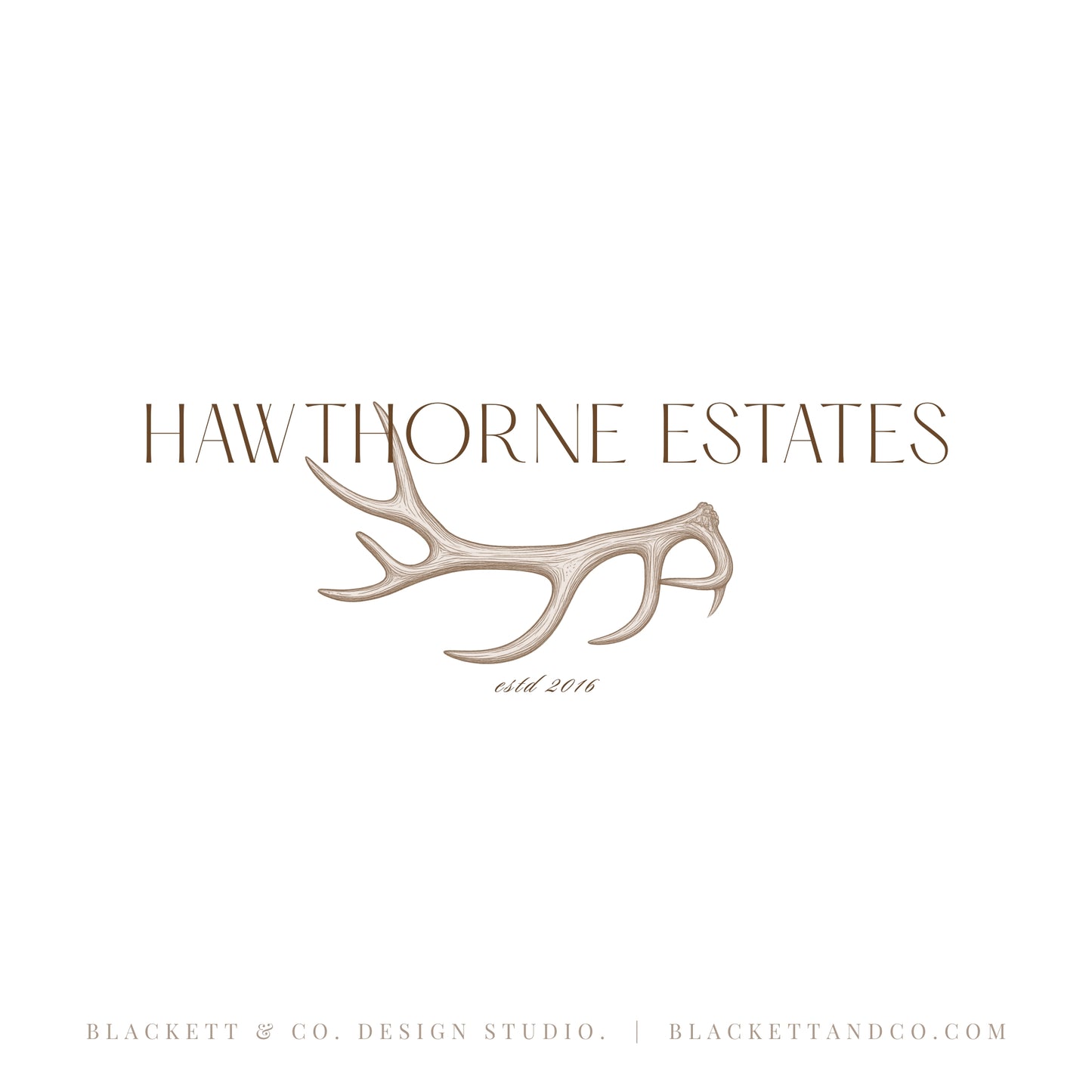 Estates Brand Logo minimalist design featuring elegant serif text and a light brown antler graphic.