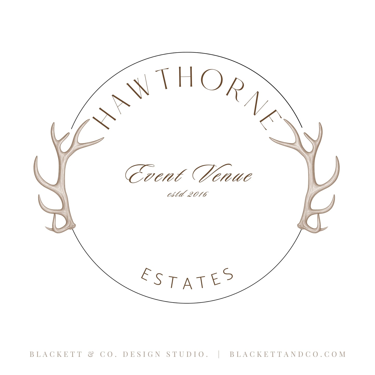 Estates Brand Logos minimalist circular logo design featuring elegant serif and script fonts, framed by decorative antler illustrations.