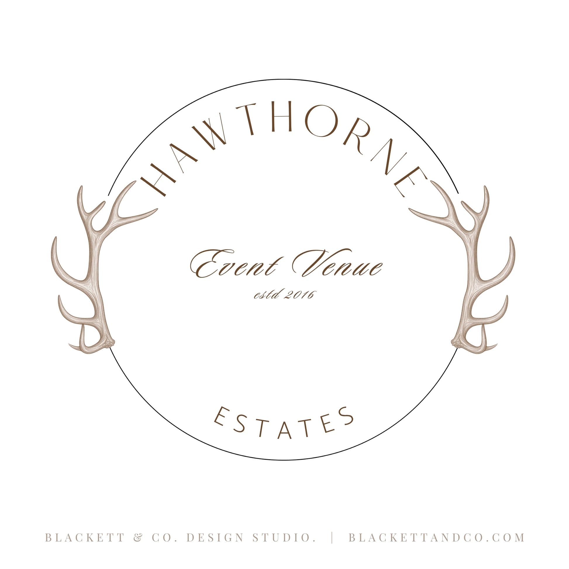 Estates Brand Logos minimalist circular logo design featuring elegant serif and script fonts, framed by decorative antler illustrations.