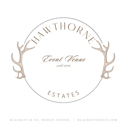 Estates Brand Logos minimalist circular logo design featuring elegant serif and script fonts, framed by decorative antler illustrations.