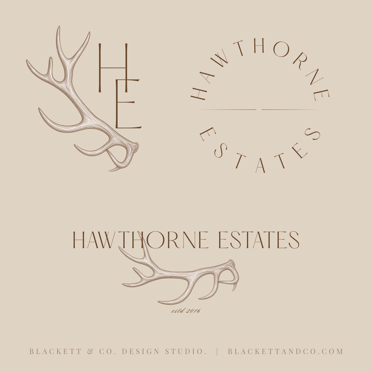 Estates Brand Logos featuring antler illustrations and text in a circular arrangement.