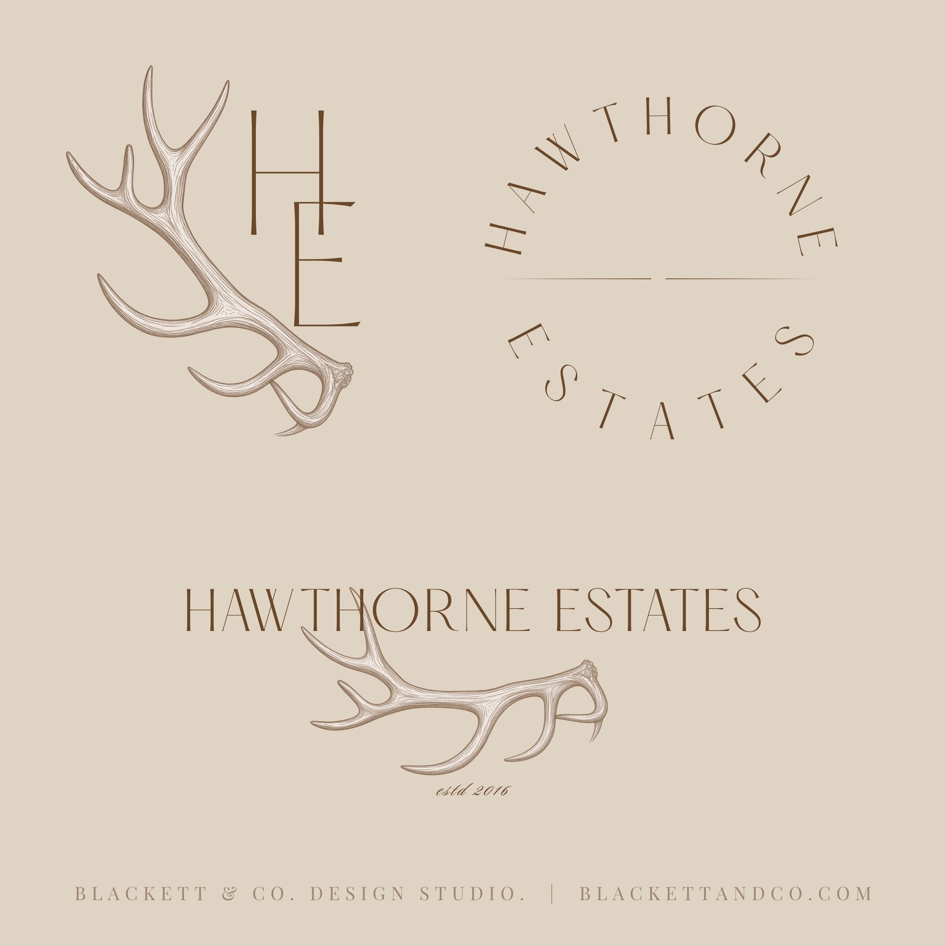 Estates Brand Logos featuring antler illustrations and text in a circular arrangement.