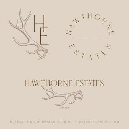 Estates Brand Logos featuring antler illustrations and text in a circular arrangement.