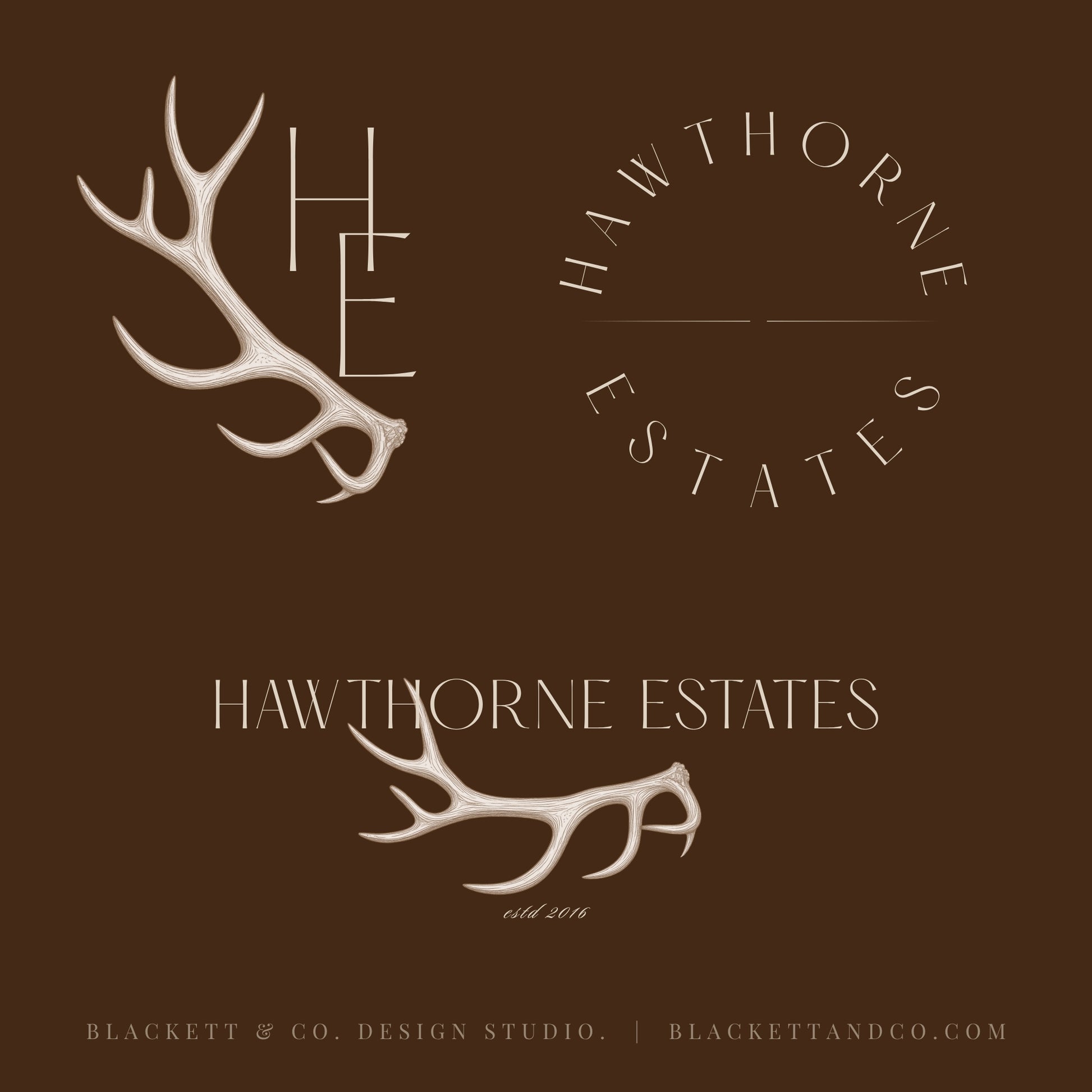 Estates Brand Logos featuring antler illustrations and text in a circular arrangement.