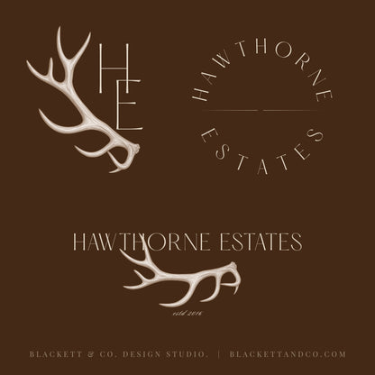 Estates Brand Logos featuring antler illustrations and text in a circular arrangement.