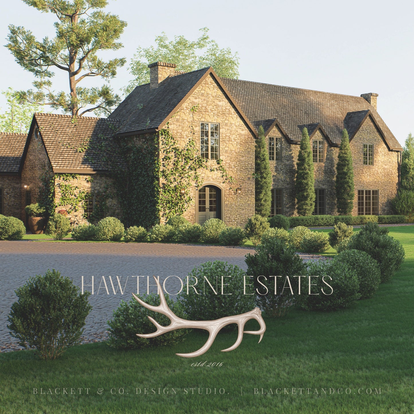 A large stone estate house with a dark roof, manicured green lawns, trimmed shrubs, and trees in the background. Overlaid brand logo features an antler logo and text.