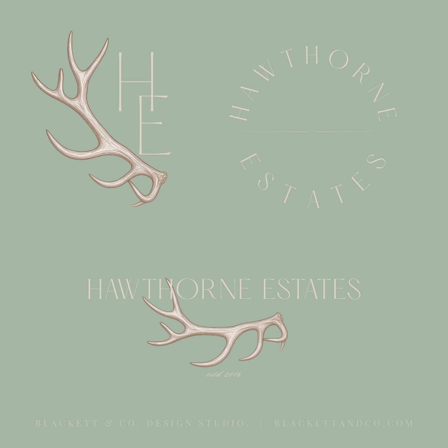 Estates Brand Logos featuring antler illustrations and text in a circular arrangement.