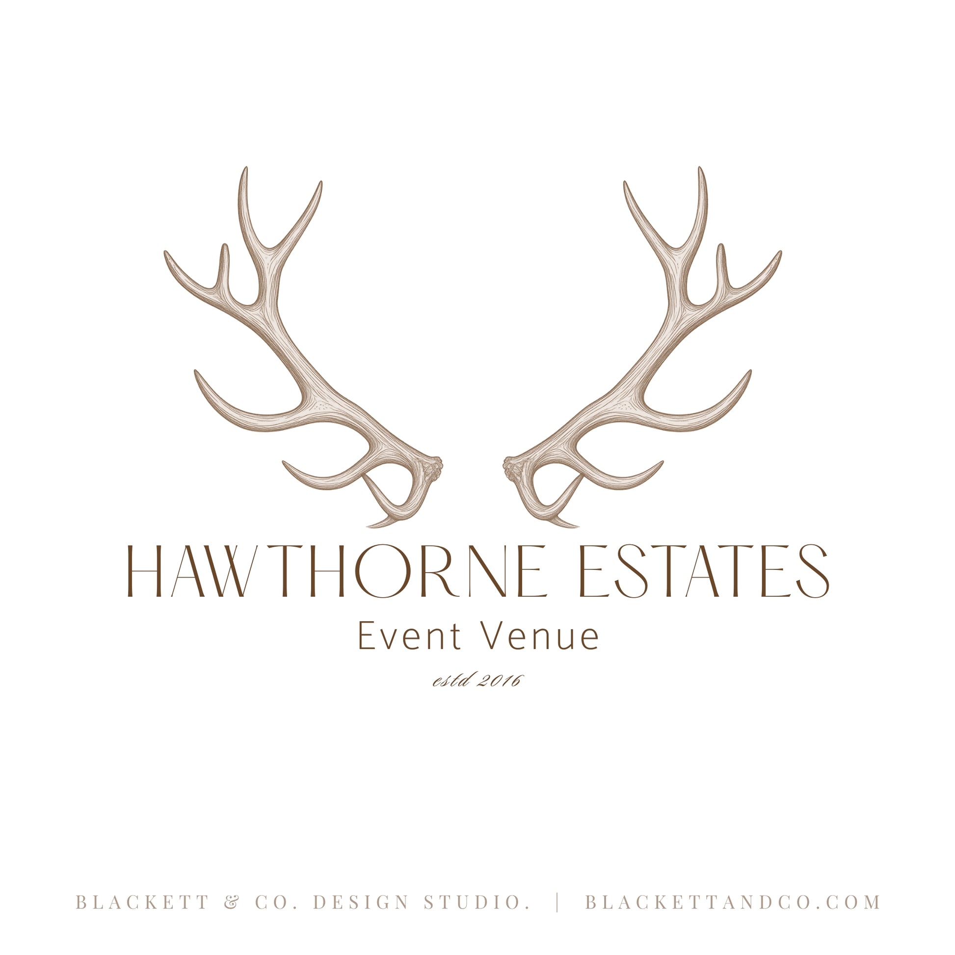 Estates Brand Logo minimalist design featuring a pair of light beige antlers above text.