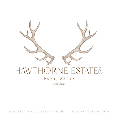 Estates Brand Logo minimalist design featuring a pair of light beige antlers above text.