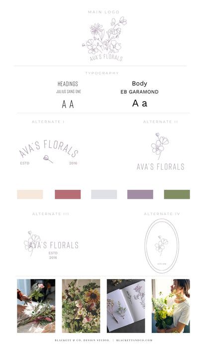 Florals brand logo featuring typography, colour swatches, logo variations, and small lifestyle photos of florists and flowers.